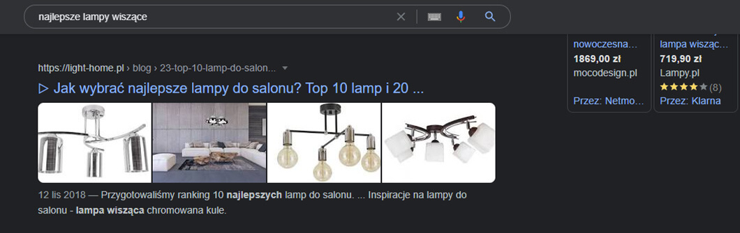 Screenshot of the search results for "the best pendant lamps"