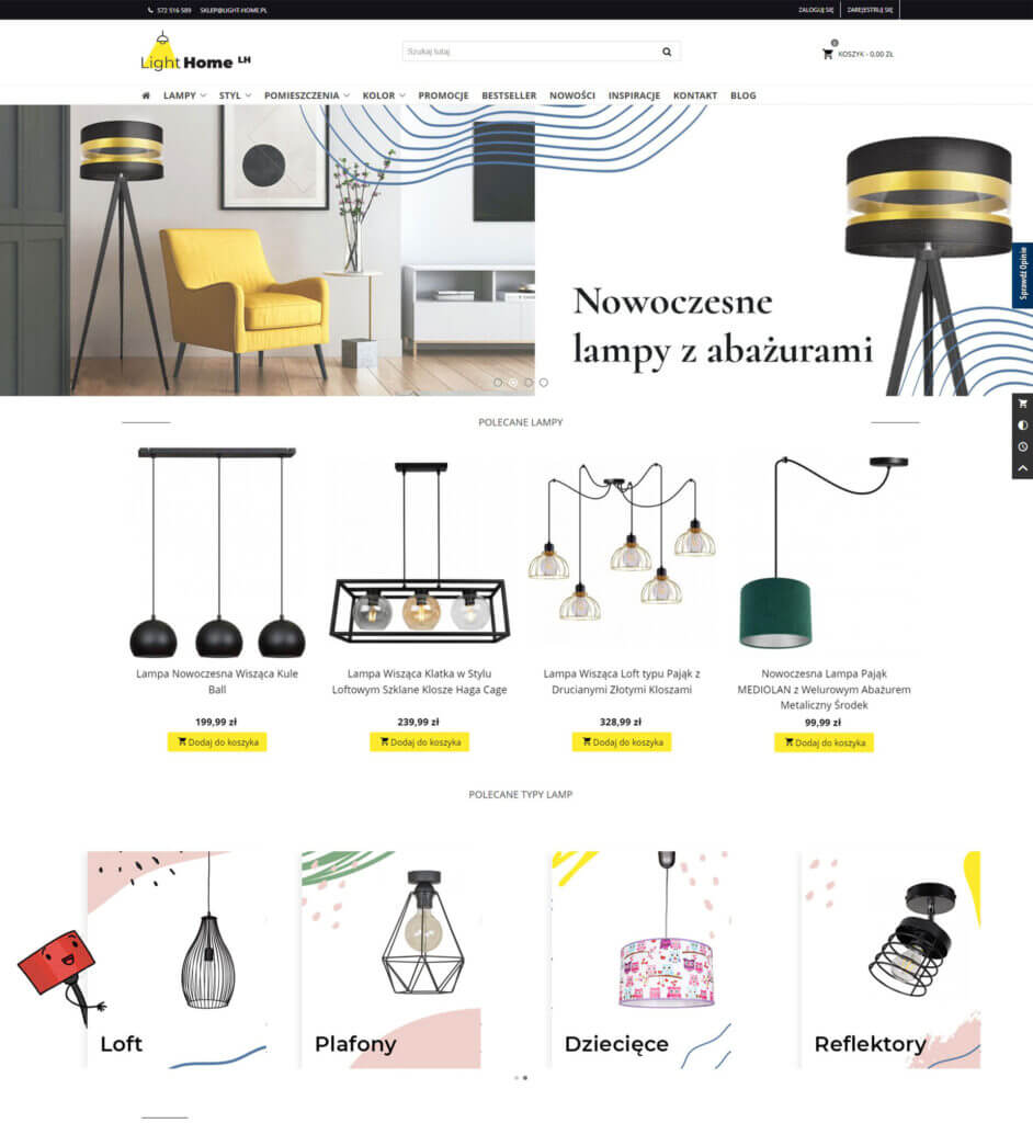 Image of the homepage of the Light Home lamp store