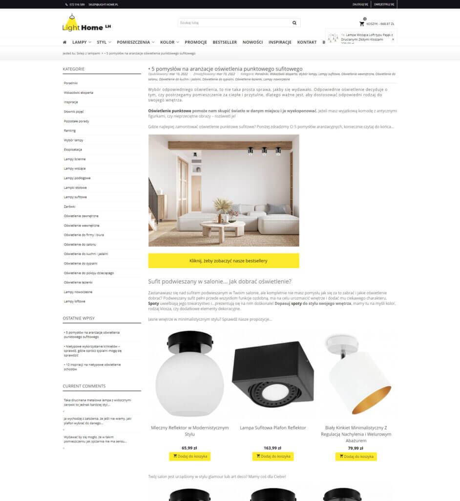 A screenshot of the Light Home lighting store page, an example of a blog post about ceiling lamps