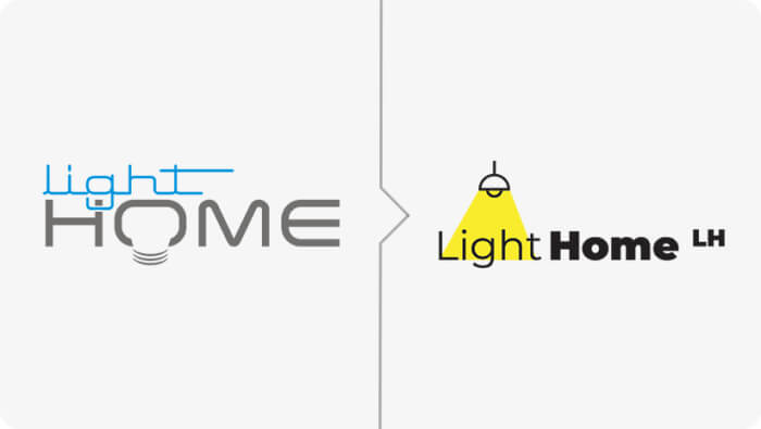 Porównanie logo marki Light Home - po lewej stronie stara wersja logo zestawiona z nowym znakiem graficznym