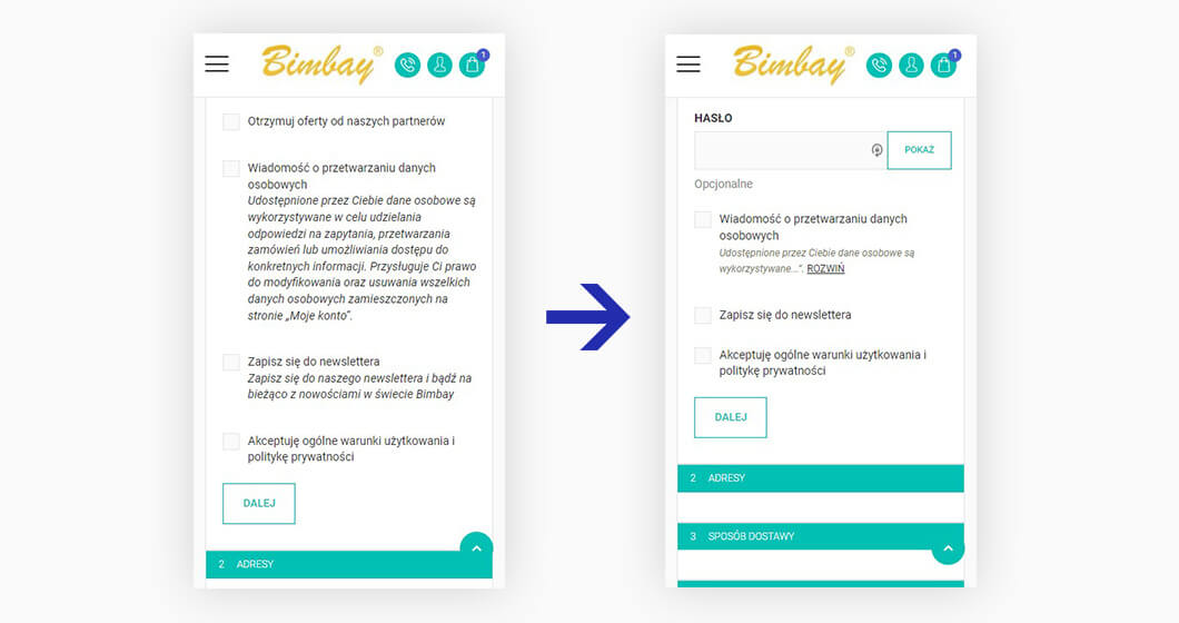 An example of fields regarding marketing consents on the Bimbay store's website