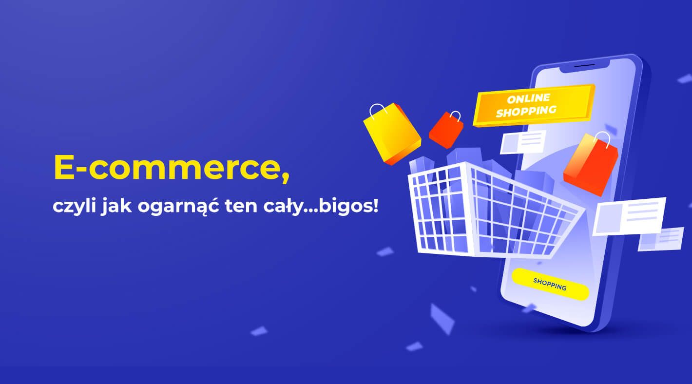 Title image illustrating e-commerce as a collection of many elements that make up a shopping cart