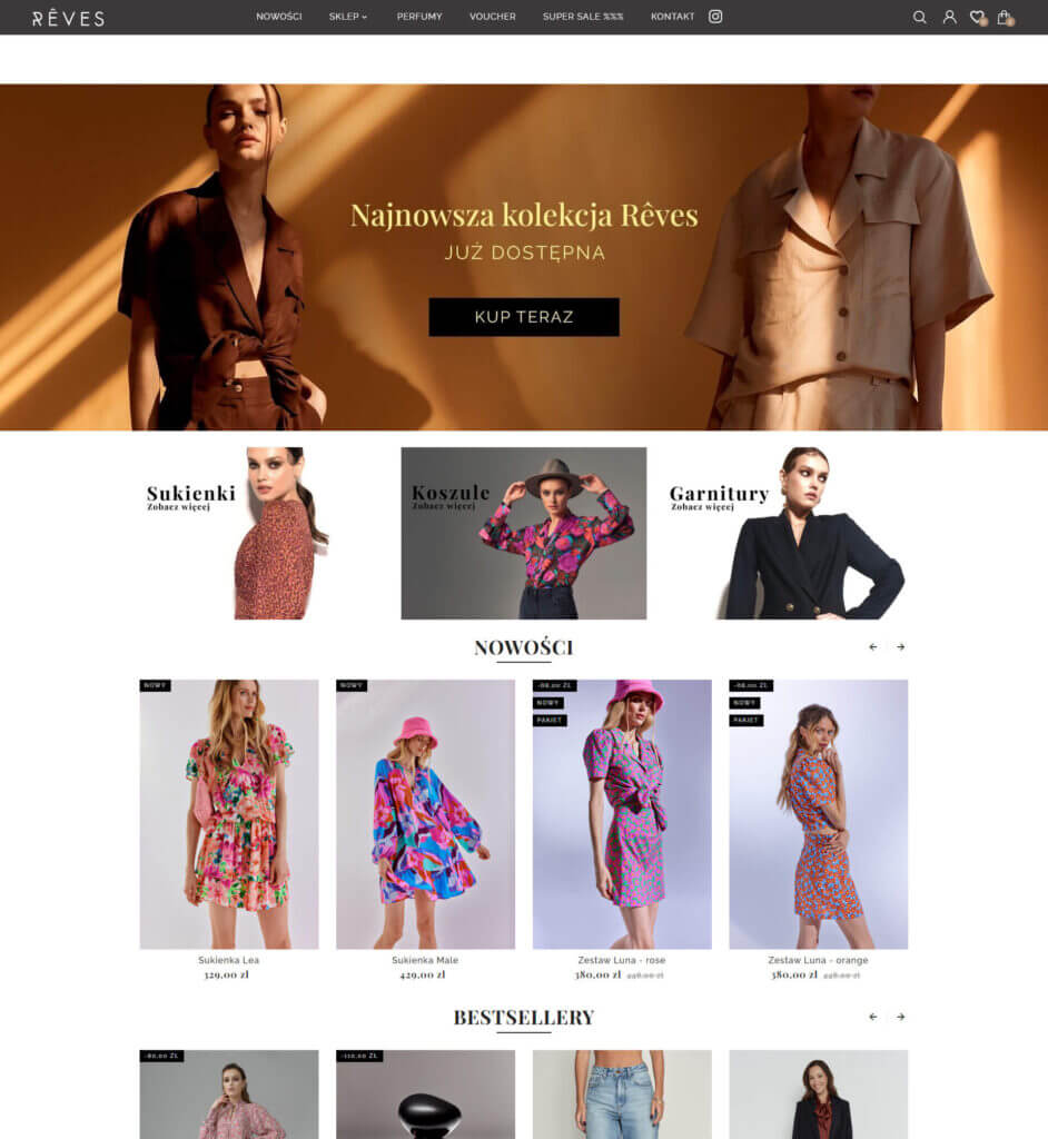 A screenshot from the home page of the Reves online boutique showing banners with the latest collection and the most popular categories