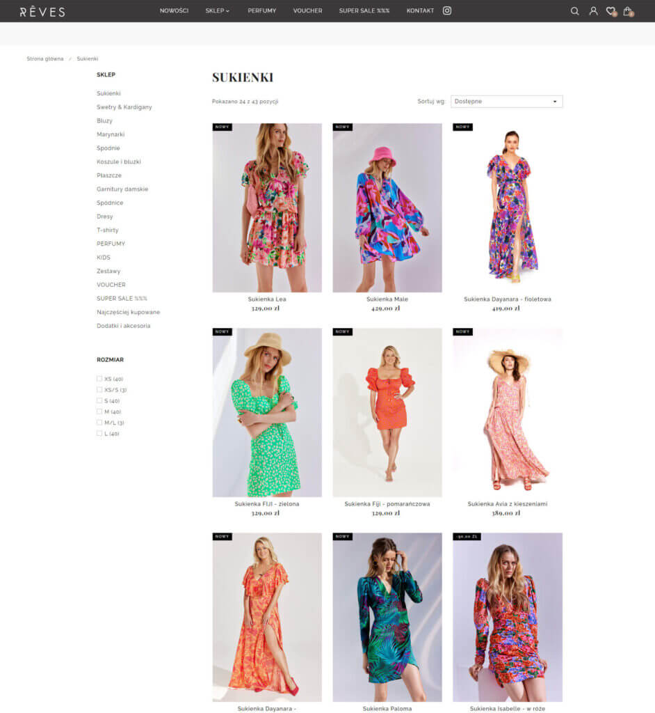 Website for the dresses category in the Reves online store
