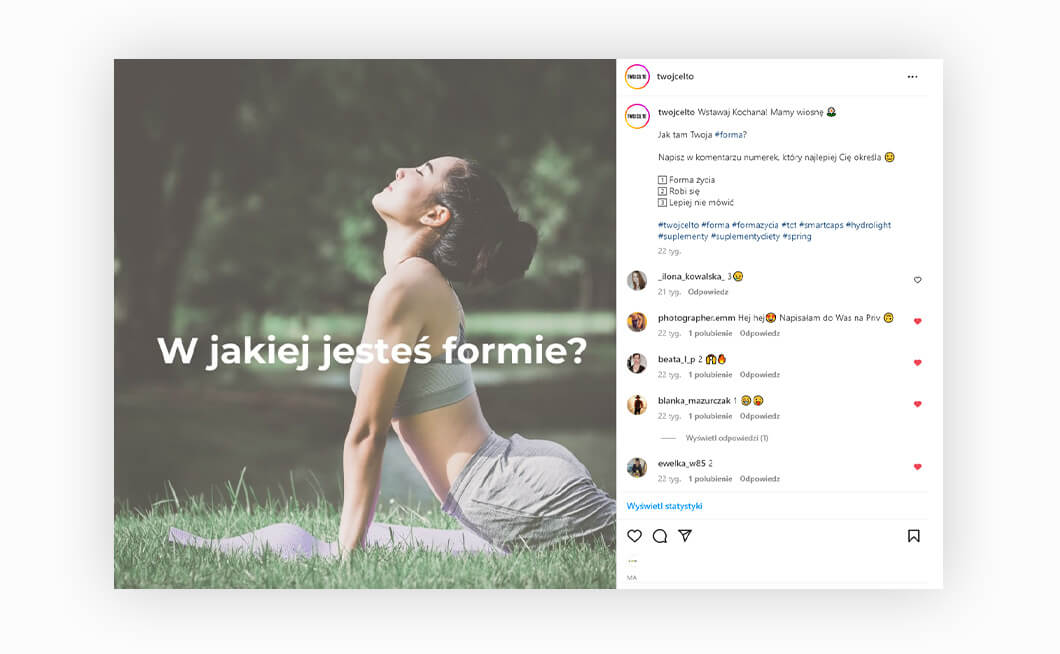 Screenshot from the Instagram page of the female brand showing a photo of a woman exercising and asking the audience: what form are you in?